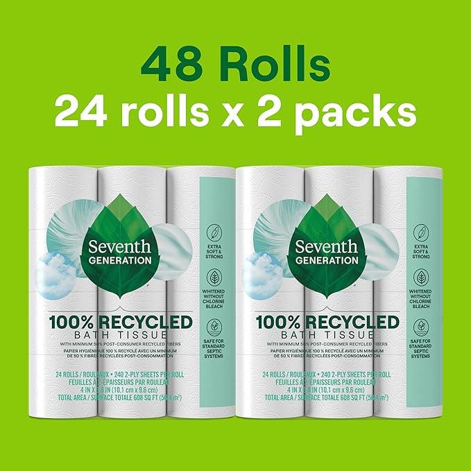 Seventh Generation Toilet Paper White Bathroom Tissue 2-ply 100% Recycled Paper without Chlorine Bleach 24 count, Pack of 2 - ModernBath