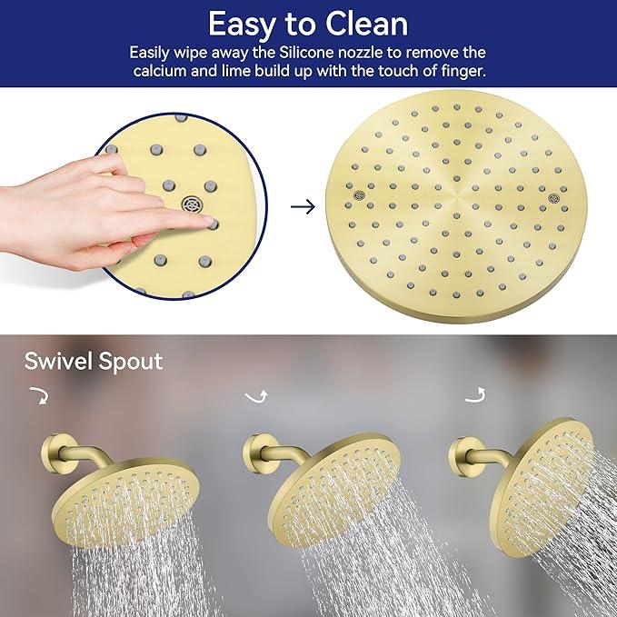 Lavatrum Brush Gold Shower Head and Handle Set Single Spray Premium Wall Mount 8 Inch Rainfall Round Shower Faucet with Rough-in Valve and Trim Kit for Bathroom（1.8GPM) - ModernBath