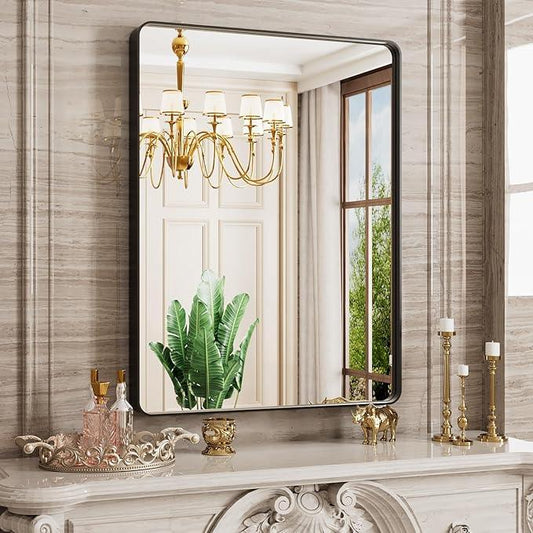 JISOSO 24X36 Inch Black Bathroom Mirror, Black Metal Framed Mirror for Wall, Rounded Rectangle Matte Bathroom Vanity Mirror with Tempered Glass, Anti-Rust, Horizontal/Vertical - ModernBath