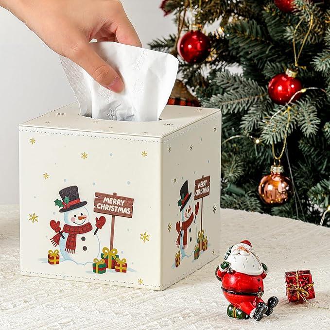 Luxspire Christmas Tissue Box Cover, 5.51" Square Tissue Box Cover with Magnetic Closure, Tissue Box Holder Christmas Decor for Living Room Bedroom Countertop Cars Hotels, Christmas Snowman - ModernBath