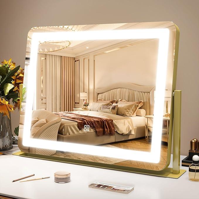ROLOVE Gold Vanity Mirror with Lights - Smart Touch Dimming, 3-Color Lighting, 360° Rotatable Desktop Makeup Mirror for Desk, 22"x17" - ModernBath