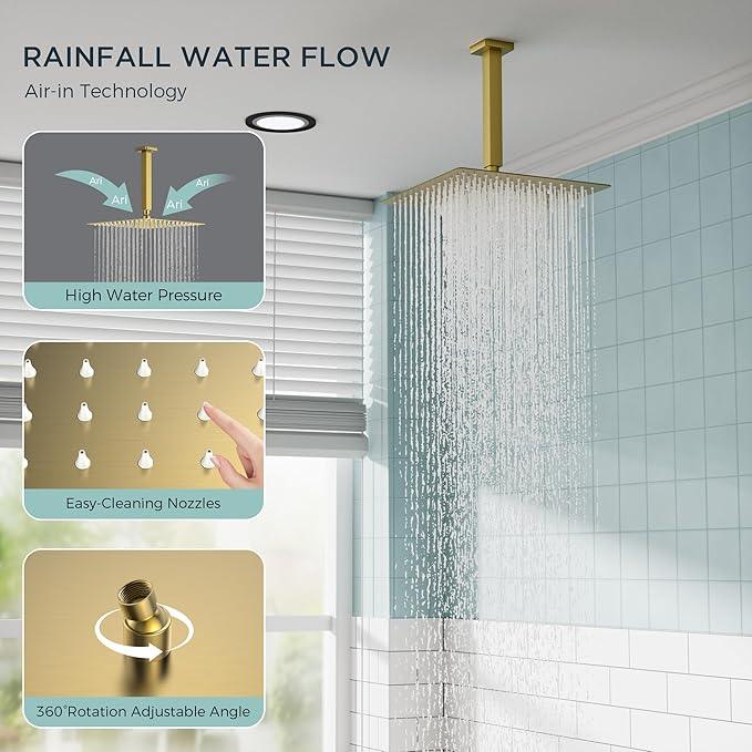 FORIOUS Shower Head System, 12 Inch Rain Shower Faucet Set with Handheld Spray Combo Rough-in Valve, Solid Brass Pressure Balanced Valve Trim Kit, Ceiling Mount, Brushed Gold - ModernBath