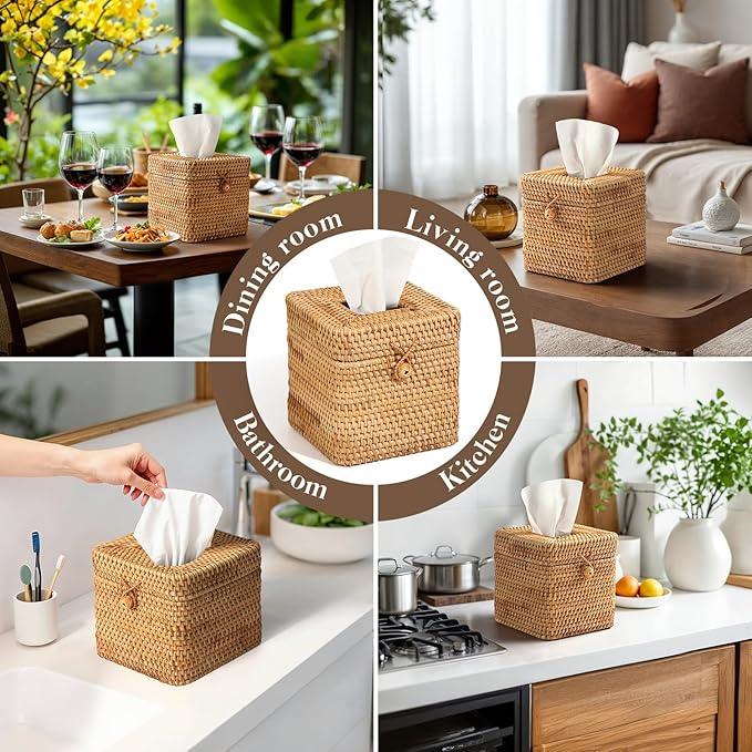 2 Pcs Rattan Tissue Box Cover 5.7" x 5.7" x 5.7"Rattan Square Tissue Box Cover Decorative Woven Facial Tissue Holder with Hinged Top Lid for Home Office Desk Living Room Bathroom Dec - ModernBath
