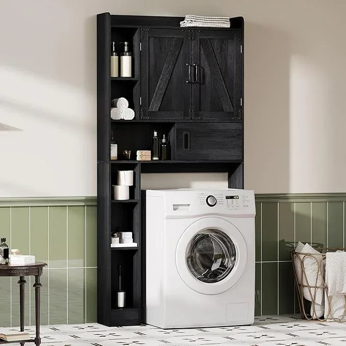 ChooChoo Over The Toilet Storage Cabinet, Farmhouse Bathroom Storage Cabinet with Sliding Door, Over Toilet Storage with Adjustable Shelves, Space-Saving, Black - ModernBath