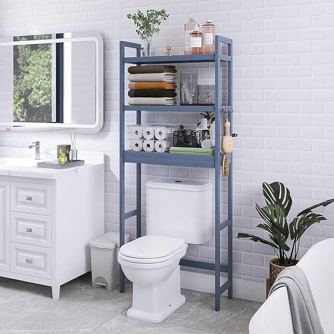 SMIBUY Bathroom Storage Shelf, Bamboo Over-The-Toilet Organizer Rack, Freestanding Toilet Space Saver with 3-Tier Adjustable Shelves (Grey) - ModernBath