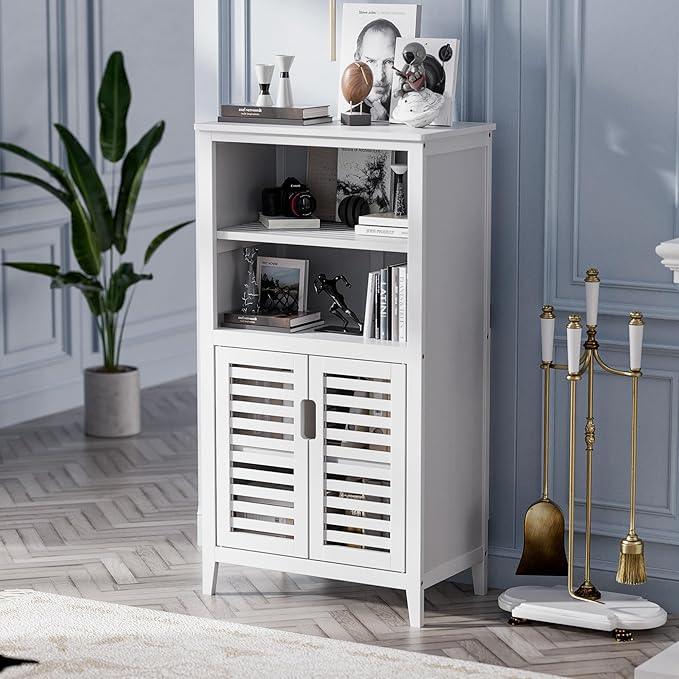 HITNET White Bathroom Cabinet, Bamboo Storage Cabinet Freestanding, Side Tall Storage Organizer for Kitchen Living Room Entryway - ModernBath