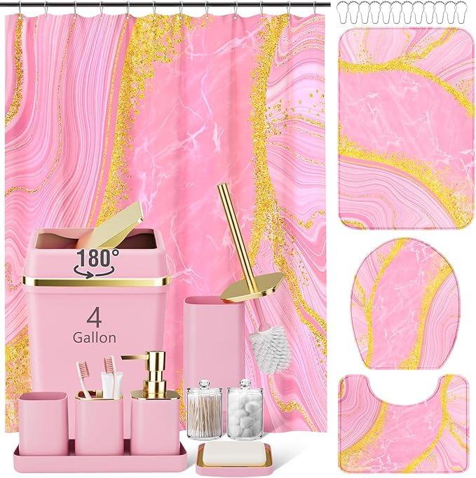 25PCS Bathroom Accessory Set, Pink Bathroom Set with Large-Capacity 4 Gallon Trash Can,Bathroom Rugs Set, Waterproof Shower Curtain, Toilet Brush, Toothbrush Holder & Soap Dispenser - ModernBath