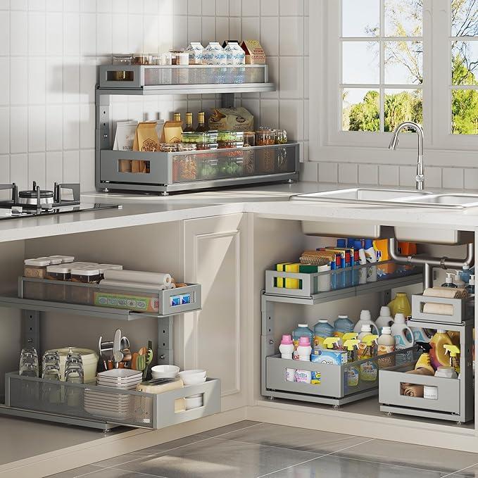 2 Pack 21.3IN-Depth Under Sink Organizer with Next-Gen Ball-Bearing Slides,2-Tier Pull Out Cabinet Storage,Height Adjustable Drawer Shelf for Bathroom,Kitchen,Laundry,Cabinet,Pantry-Gun Gray - ModernBath