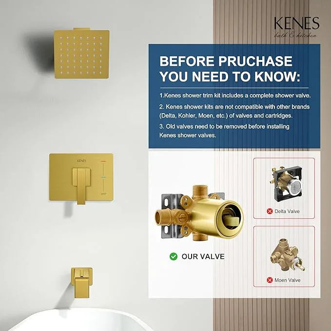 KENES Brushed Gold Tub and Shower Trim Kit, Square Tub Shower Faucet Set Complete with 6-Inch Rainfall Shower Head and Tub Spout, KE-6025A-4 (Shower Valve Included) - ModernBath
