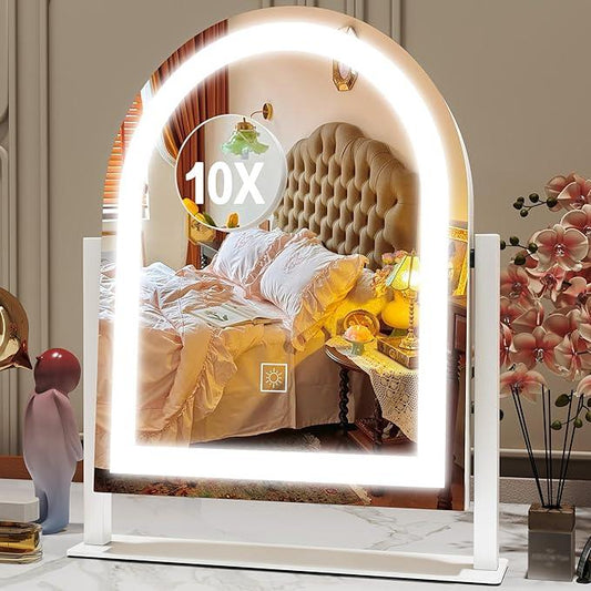 ROLOVE Lighted Makeup Mirror with 3-Color Dimmable Lighting, with Removable 10x Magnifier, Smart Touch Control, 360° Rotation, 15" x 13" Hollywood Vanity Mirror for Tabletop or Desk (White) - ModernBath