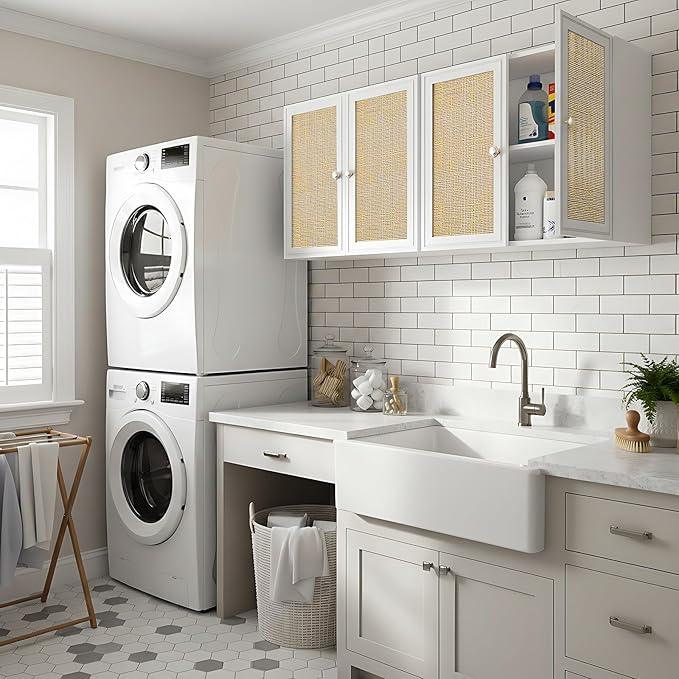 Kitchen Wall Cabinets,Rattan Wall Mounted Laundry Cabinets with Adjustable Shelf, Floating Hanging Storage Cabinet for Laundry Room, Bathroom, Kitchen - ModernBath