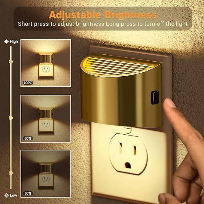 JandCase LED Night Lights Plug into Wall, 2 Pack Gold Modern Night Lights, Dusk to Dawn Sensor Nightlight,0-100LM Brightness Adjustable, 3000K Soft White - ModernBath