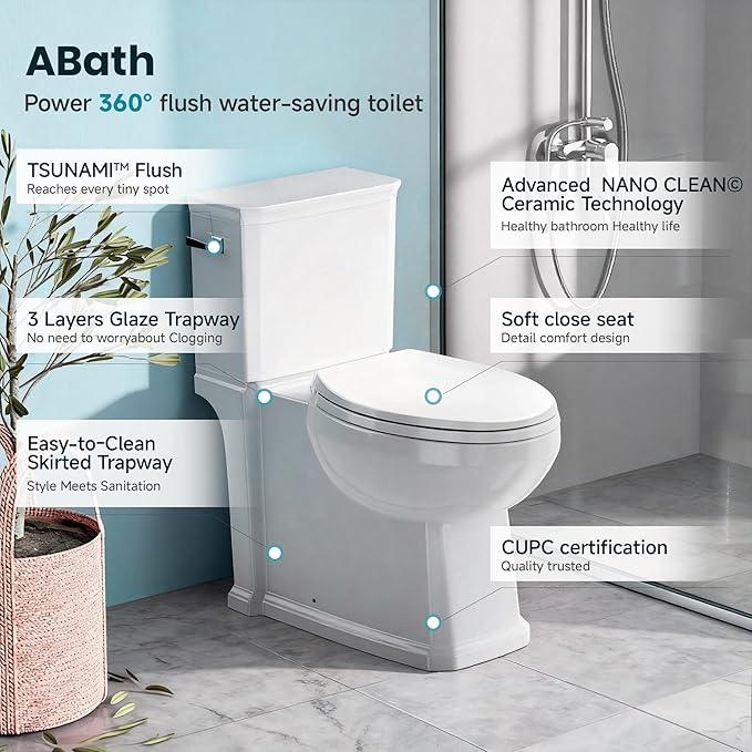 Two Piece Toilets for Bathrooms, Elongated Toilet with 17.5" Chair Height Soft Close Seat, 1.27 GPF Power Flush, Nano Self-Cleaning Glaze, WaterSense/1000g Map Certified, White ADA toilet 12" Rough In - ModernBath