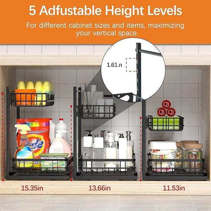 Under Sink Organizer, Adjustable Height Pull-Out Kitchen Storage Organization,15.8" x 11.8" x 16.5", 2-Tier Kitchen Shelf, Bathroom Drawer Organizer, 2 Pack|Black - ModernBath