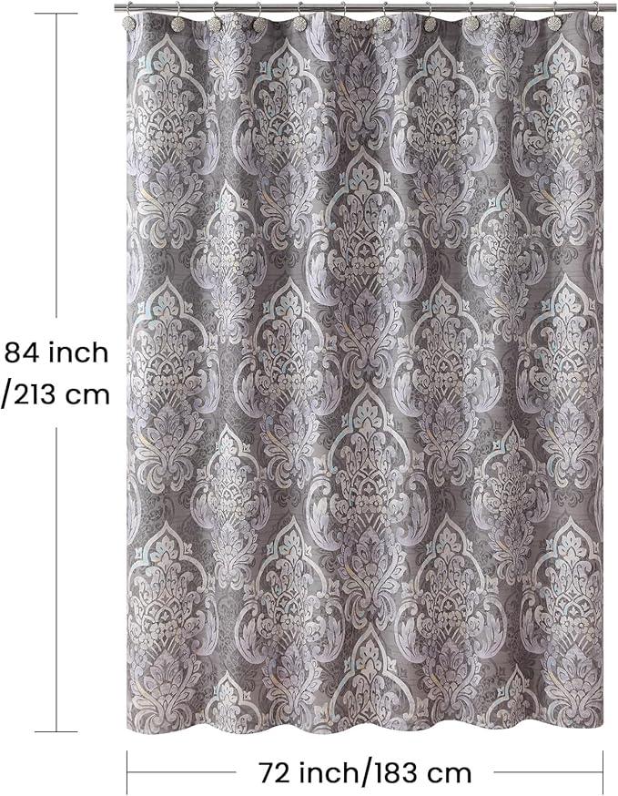 BESTRIPES Extra Long Shower Curtain 84 Inch, Gray Bath Curtain with Purple Baroque Medallions, Waterproof Hotel Quality Fabric, 72" W x 84" H - ModernBath