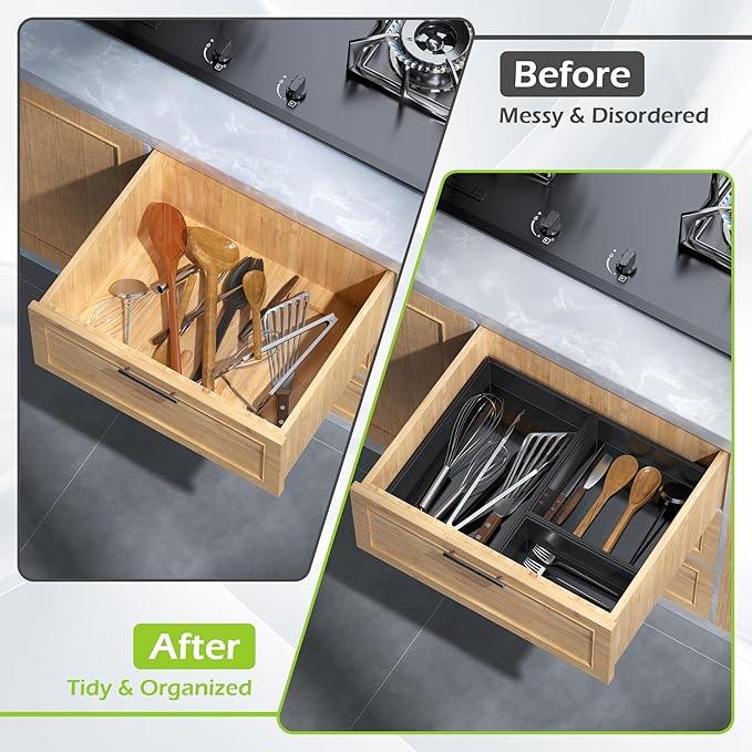 Bamboo Drawer Organizer Set, 5 PCS Multi-use Varied Sizes Junk Drawer Organizer Kitchen Storage Box for Office, Home, Bedroom, Bathroom, Black - ModernBath