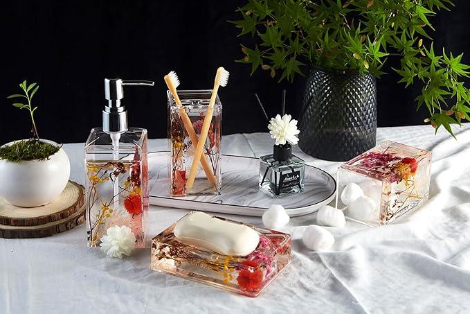 Locco Decor 4 Piece Acrylic Liquid 4D Floating Motion Bathroom Vanity Accessory Set Garden Botanic Pink Plants Toothbrush Holder, Tumbler, Soap Dispenser, Soap Dish - ModernBath