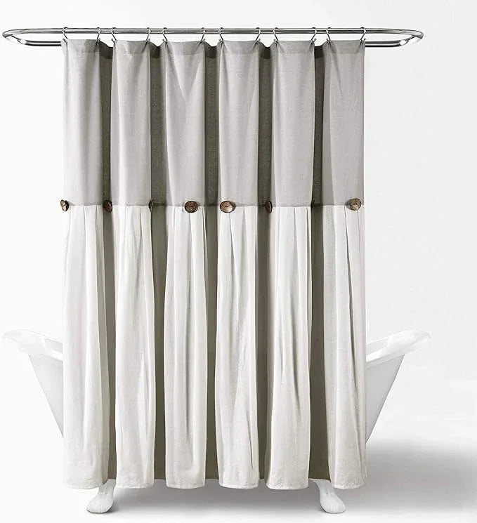 Lush Decor Linen Button Shower Curtain, 72" W x 72" L, Gray & Off White - Gray Shower Curtain Fabric - Bathroom Curtain - Farmhouse Bathroom Decor - ModernBath