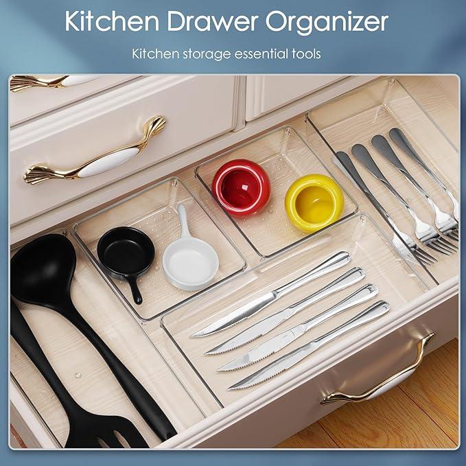 12 Pack Large Clear Plastic Drawer Organizer Set, Acrylic Bathroom Organizer Vanity Trays Dividers, Kitchen Organizers and Storage, Non-Slip Storage Bins for Makeup, Snacks, Office, Desk, Fridge - ModernBath