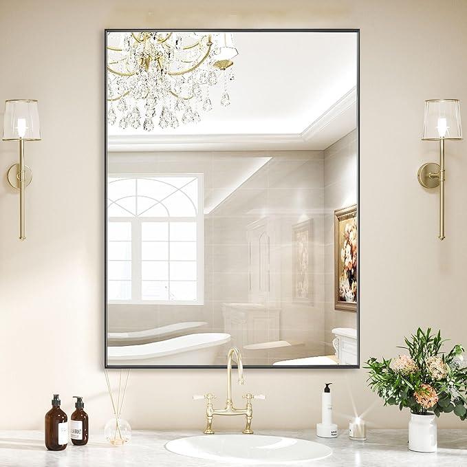 LEDLUX 24x30 Inch Black Bathroom Mirror, Copper-Free Mirror, Aluminum Alloy Frame Vanity Mirror, Rectangle Wall Mounted Mirror, Modern Mirror for Bedroom/Living Room/Porch Horizontal or Vertical - ModernBath
