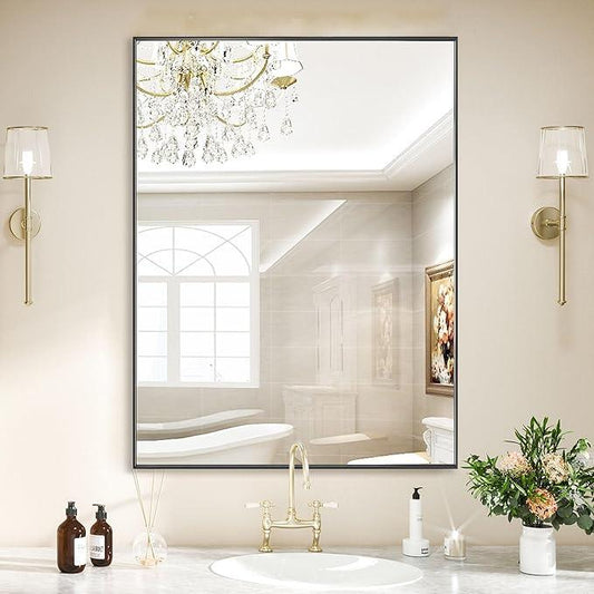 LEDLUX 24x30 Inch Black Bathroom Mirror, Copper-Free Mirror, Aluminum Alloy Frame Vanity Mirror, Rectangle Wall Mounted Mirror, Modern Mirror for Bedroom/Living Room/Porch Horizontal or Vertical - ModernBath