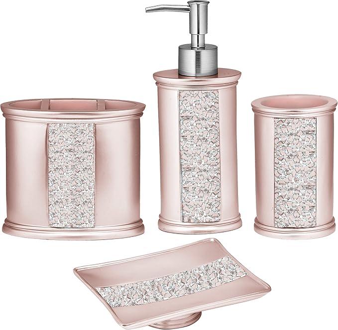 Zahari Home 4pc Sinatra Stylish Bathroom Accessories Set Liquid Soap Dispenser, Tumbler, Tooth Brush Holder and Soap Dish Modern Classic Luxury Decor Bling Mosaic Glass Blush Bathroom Accessories - ModernBath