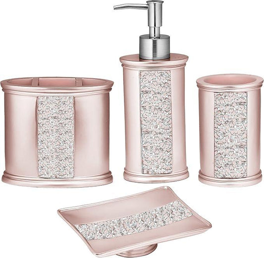 Zahari Home 4pc Sinatra Stylish Bathroom Accessories Set Liquid Soap Dispenser, Tumbler, Tooth Brush Holder and Soap Dish Modern Classic Luxury Decor Bling Mosaic Glass Blush Bathroom Accessories - ModernBath