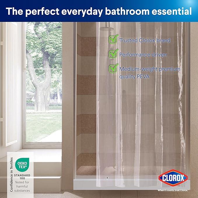 Clorox Shower Curtain Liner, Premium Medium-Weight Durable Waterproof 6g PEVA for Bathroom with Weighted Magnets, Extra Long 54" x 78", Clear 1 Pack - ModernBath