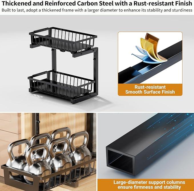Under Sink Organizer 2 Pack, 2 Tier Adjustable Height Reinforced Carbon Steel Under Kitchen Bathroom Sink Storage Organizer, Smooth Pull-out Under Sink Cabinet Rack Drawer Organizer, Black - ModernBath