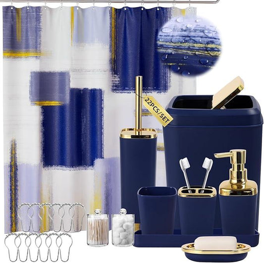XLHOMO Blue and Gold Bathroom Accessories Set, Bathroom Sets with Shower Curtain, Blue Bathroom Accessories with Trash Can, Soap Dispenser, Soap Dish, Toilet Brush Holder, Qtip Holders for Bathroom - ModernBath