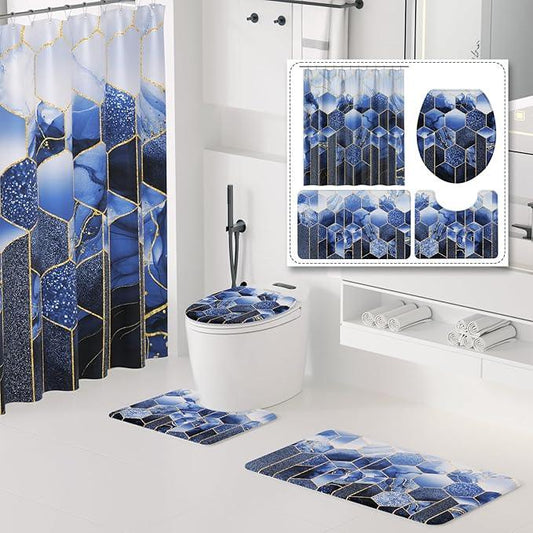 XLHOMO Bathroom Sets with Shower Curtain and Rugs - 4PC Navy Blue Geometric Shower Curtain Set with 12 Hooks, Toilet Cover, U-Shaped Mat and Rugs Modern Abstract Bathroom Accessories for Bathroom - ModernBath