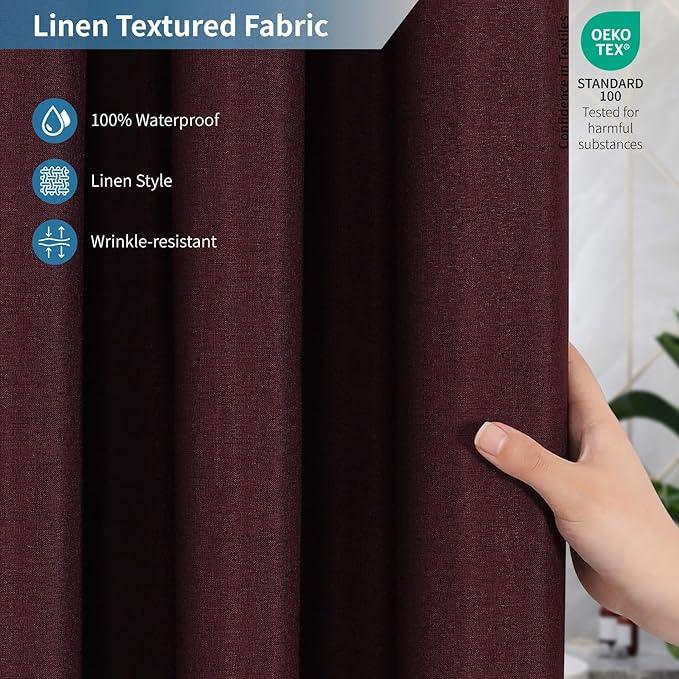 THAIGEE 2-in-1 Waterproof Fabric Shower Curtain or Liner,Linen Textured,Breathable TPU & Washable Bathroom Shower Curtain Set with 12 Plastic Hooks,Modern,72"x72" Burgundy - ModernBath