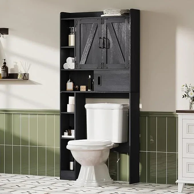 ChooChoo Over The Toilet Storage Cabinet, Farmhouse Bathroom Storage Cabinet with Sliding Door, Over Toilet Storage with Adjustable Shelves, Space-Saving, Black - ModernBath