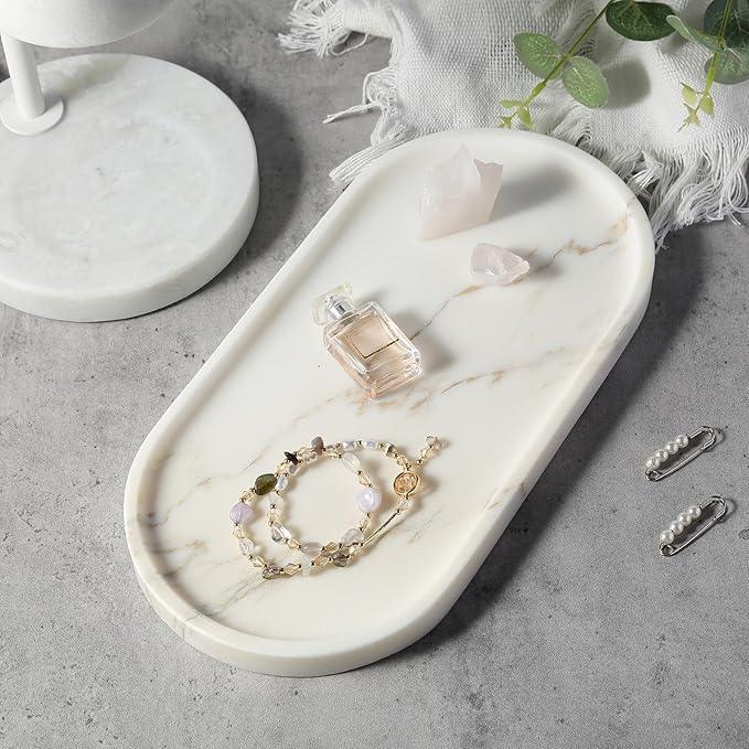 Koville White Marble Tray with Gold Pattern for Bathroom Counter, Stone Trays for Home Decor Marble Vanity Tray, Stone Storage Trays for Perfume, Jewelry, Decorative Tray for Dresser Organizer - ModernBath