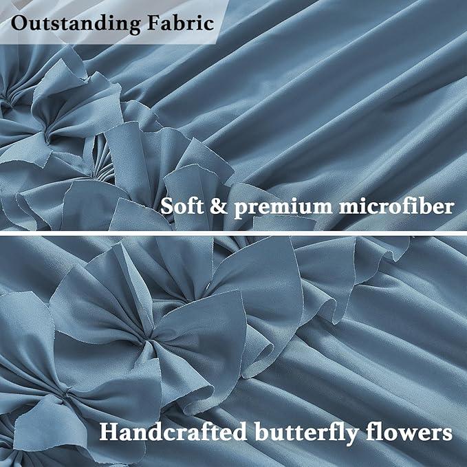 Homechoice Decor Dusty Blue Ruffle Shower Curtain, Vintage Handcrafted Bow Tie Bath Curtain for Master Bathroom, Ruched Microfiber Bathroom Curtain with 12 Buttonholes, 72" W x 72" H (LQ-10) - ModernBath
