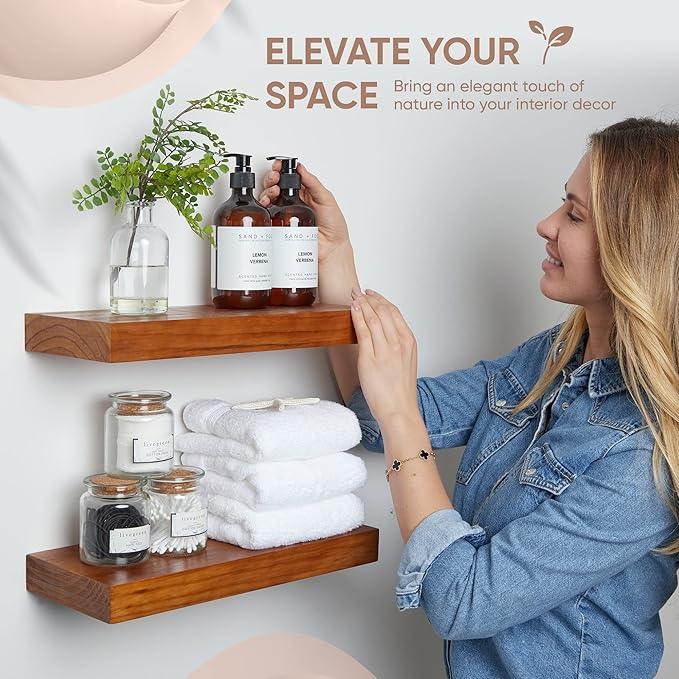 Homeforia 18 inch Floating Shelf Oak, High End Solid Real Wood 18inch Long Floating Shelves for Wall Mounted, Honey Oak Wooden 18in Floating Shelves, Heavy Duty Bracket, 18 X 6.5 X 1.75 inch, Set of 4 - ModernBath