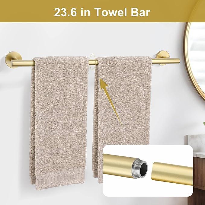 5 Pieces Brushed Gold Towel Bar Set, Upgraded Round Bathroom Hardware Accessories Set, Toilet Paper Holder Towel Holder Set for Bathroom Stainless Steel Wall Mounted 23.6Inch - ModernBath