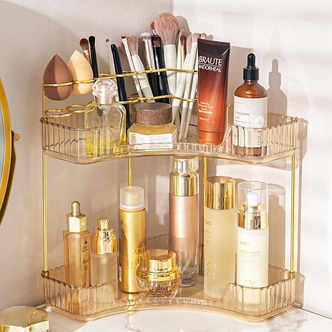 shuang qing Upgraded 2-Tier Corner Bathroom Countertop Organizer – Spacious Storage for Makeup, Skincare & Perfumes, Built-in Brush Holder Fits Vanity/Dresser/Bsthtub (Vintage Gold) - ModernBath