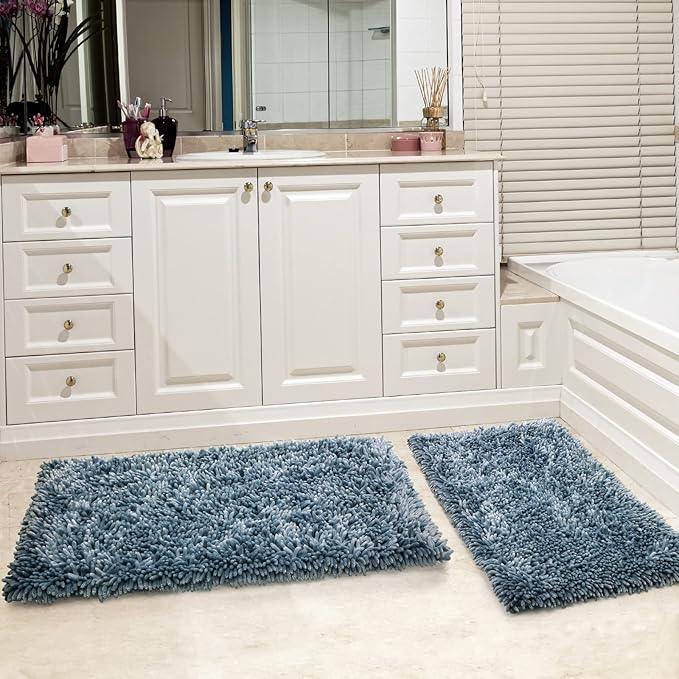 Yimobra Bathroom Rug Set 2 Piece, Luxury Shaggy Bath Mat Set with Non Slip Backing, Ultra Soft & Absorbent Mats for Bathroom Floor, Machine Washable, 44"x24"+24"x17", Light Blue - ModernBath