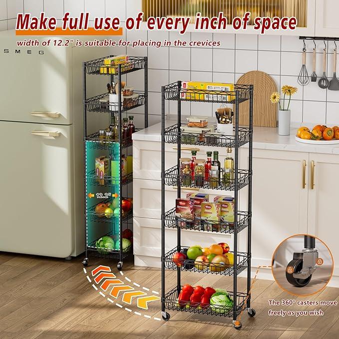 6 Tier Basket Shelf Wire Shelving Unit Adjustable Storage Shelves Big Basket Rack for Garage Kitchen Office Pantry Corner 17.2" Dx12.2 Wx63 H Black - ModernBath
