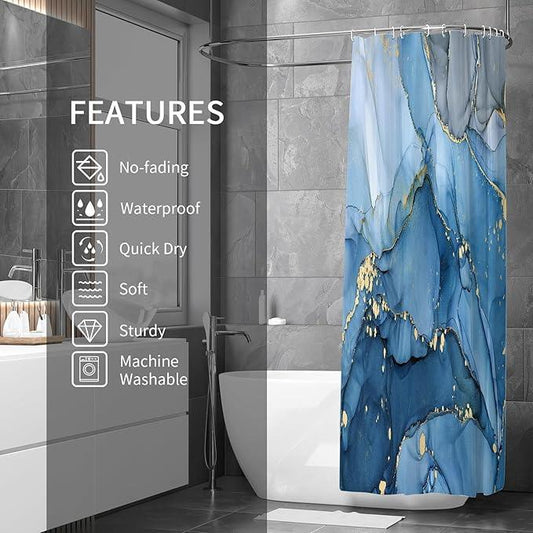 Gibelle Small Stall Shower Curtain 36 x 72, Narrow Half Abstract Blue Marble Shower Curtain, Modern Ink Art Waterproof Fabric Shower Curtain Set with Hooks - ModernBath