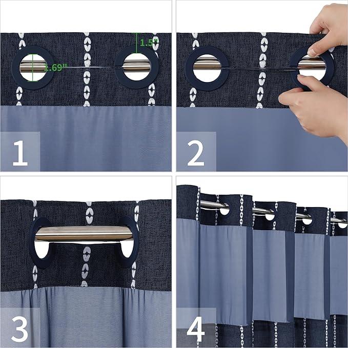 eachope No Hook Long Shower Curtain Set with Snap-in Fabric Liner,Linen Textured Thick Striped Fabric with Tassels,Boho Farmhouse Rustic Luxury Bathroom Curtain,Water-Repellent,Navy Blue,71x80 - ModernBath