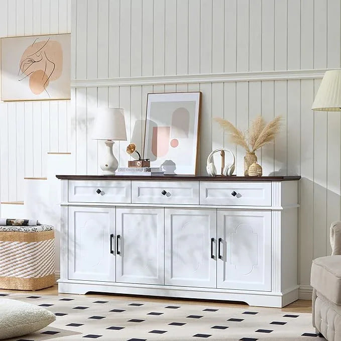 63" White Buffet Sideboard Cabinet with 4 Doors and 3 Drawers, Modern Farmhouse Kitchen Storage Cabinet, Coffee Bar Cabinet with Adjustable Shelves, Living Room Storage, Dining Room - ModernBath