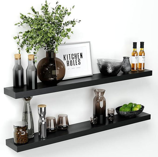 Homeforia Black Floating Shelf 48 inches, High End Solid Real Wood 48 inch Long Floating Shelves for Wall, Black Wooden 48inch Large Floating Shelves, Heavy Duty Bracket, 48 X 6.5 X 1.75 in, Set of 3 - ModernBath