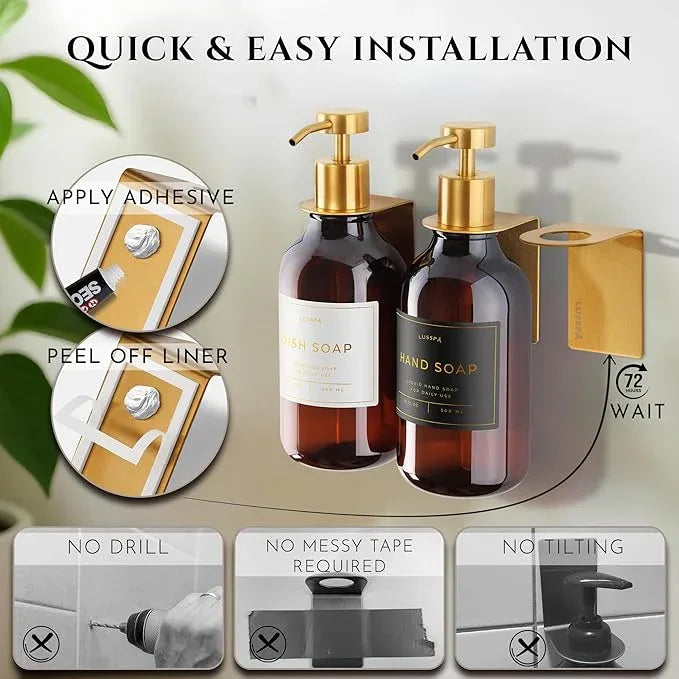 Shampoo & Conditioner Dispenser - Shower Soap Dispenser Wall Mounted - Set of 3 16.9 Oz Plastic Bottles with Pump & Holder - Shampoo Dispenser - Shower Dispenser Chamber No Drill (3 X Amber/Gold) - ModernBath