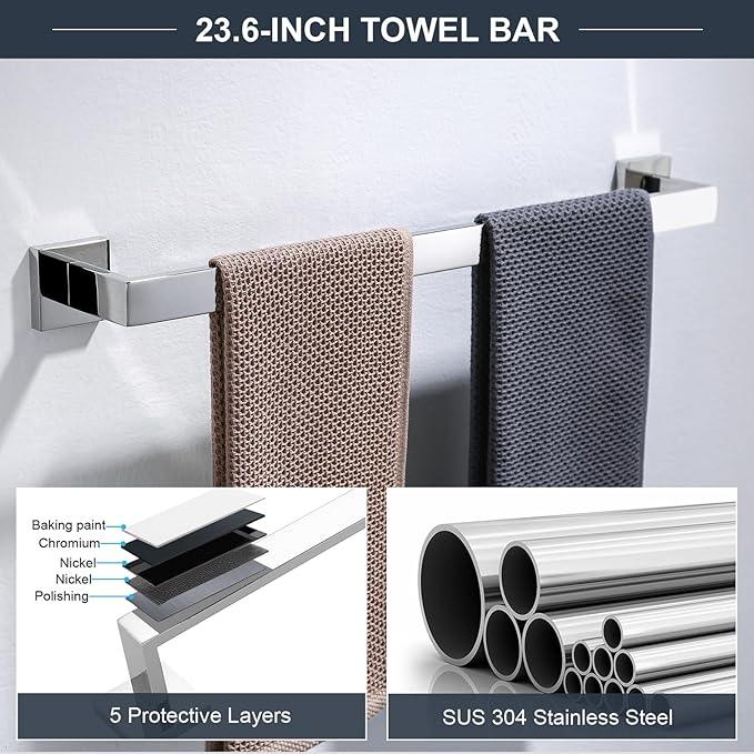 TQKAG 6-Piece Bathroom Towel Bar Sets Polished Chrome 23.6 inch Towel Bar Stainless Steel Towel Ring Coat Hook and Toilet Paper Holder Bathroom Hardware Set Wall Mounted Bathroom Accessories Kit - ModernBath