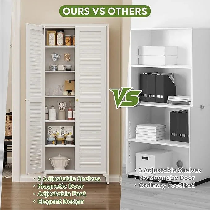 74" H Kitchen Pantry Storage Cabinet, Metal Storage Cabinets with 5 Adjustable Shelves for Kitchen Bathroom Living Room, Required Assembly, White - ModernBath