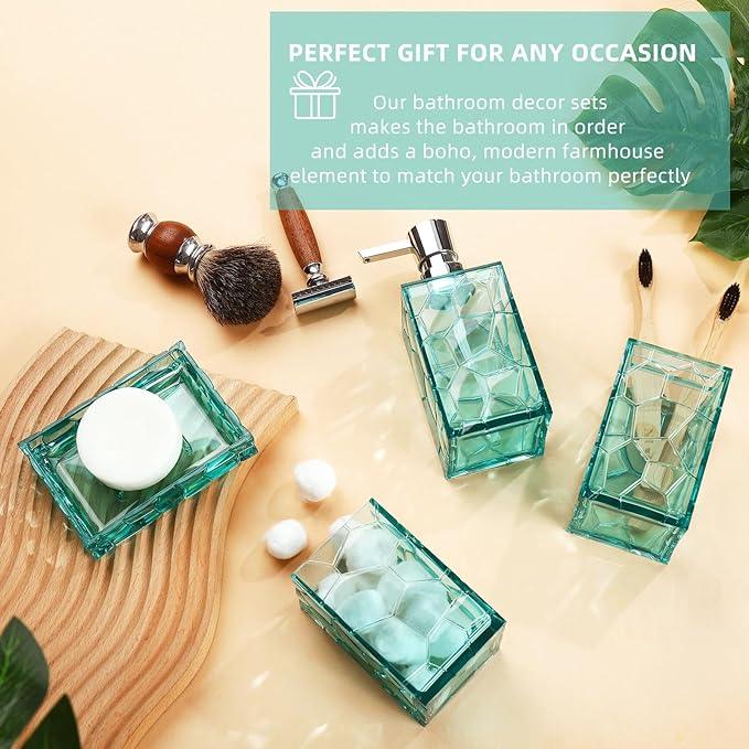 GAHEFY Teal Blue Beach Bathroom Accessories Set with Toothbrush Holder, Soap Dispenser, Tumbler, Soap Dish, Turquoise Bathroom Decor,Acrylic (Teal-4pcs) - ModernBath
