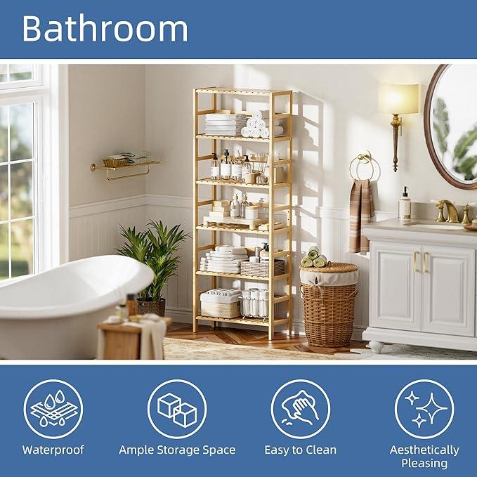 HITNET Bamboo Shelf, 6-Tier Adjustable Tall Open Bookcase, Bathroom Storage Rack Freestanding Shelving Unit, Plant Display Stand for Small Space, Natural - ModernBath