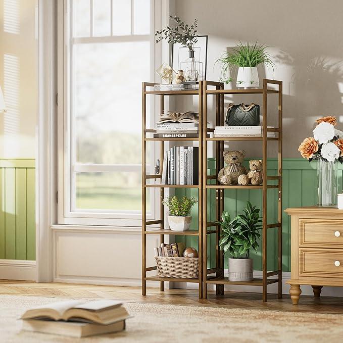 HITNET Bamboo Book Shelf, Tall Narrow Bookcase, Bathroom Shelving Unit 5 Tier Floor Standing Adjustable Bookshelf for Small Spaces, Walnut - ModernBath
